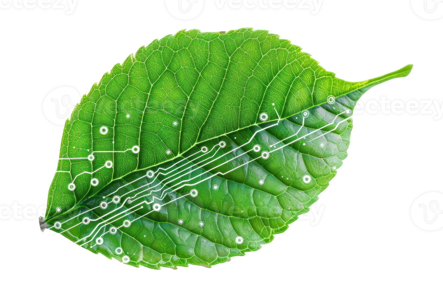Green leaf with a digital circuit pattern representing technology and nature integration. Ideal for eco-friendly, tech, and innovation concepts. png