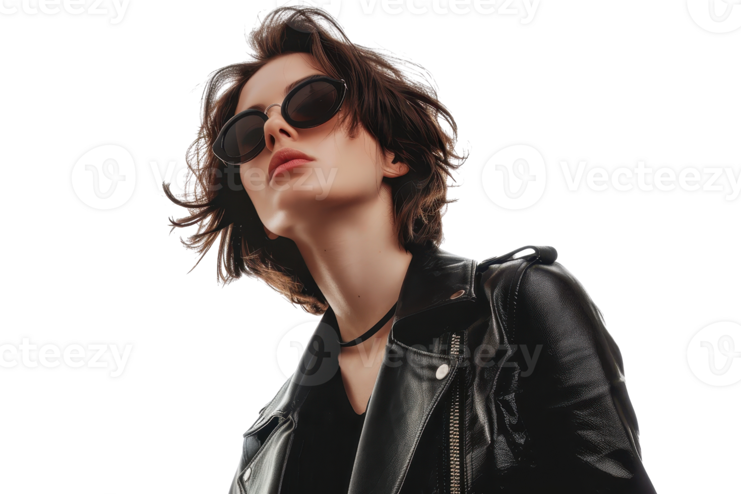 Stylish young woman in a black leather jacket and sunglasses, looking confident and fashionable. Isolated on a transparent background. png