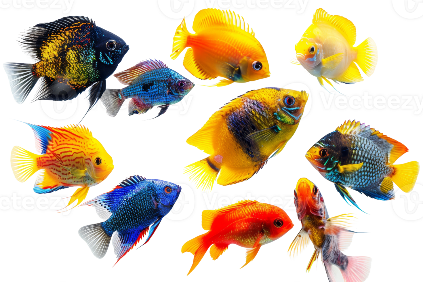 Vibrant collection of colorful aquarium fish showcasing diverse patterns and hues, perfect for aquascaping enthusiasts and aquatic pets lovers. png