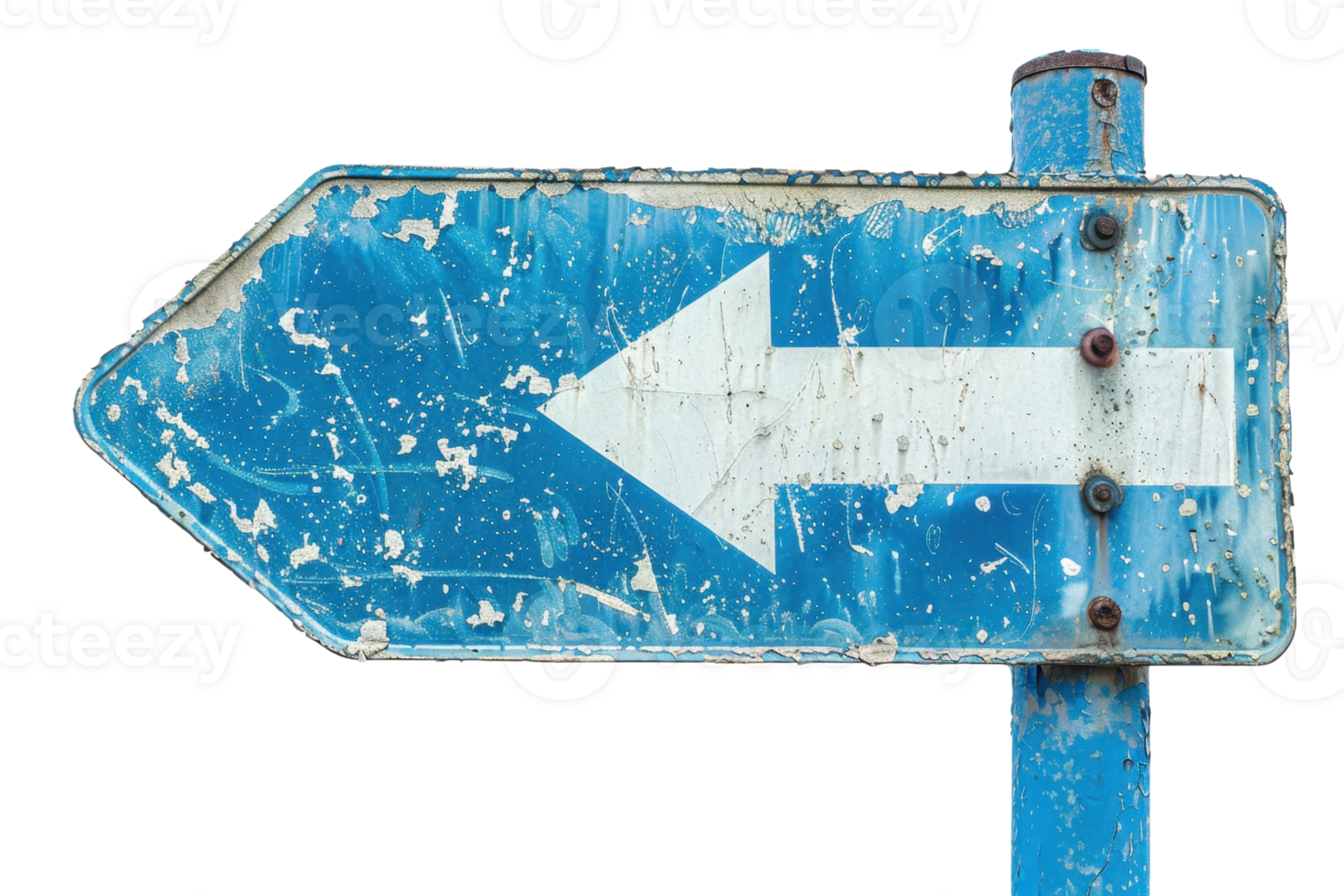 Vintage blue arrow sign pointing left with weathered texture, isolated on transparent background. Ideal for navigation or retro-themed designs. png