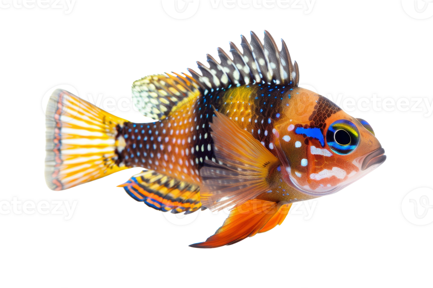 Vibrant tropical fish showcasing an array of vivid colors and intricate patterns, perfect for aquarium enthusiasts and marine biology illustrations. png