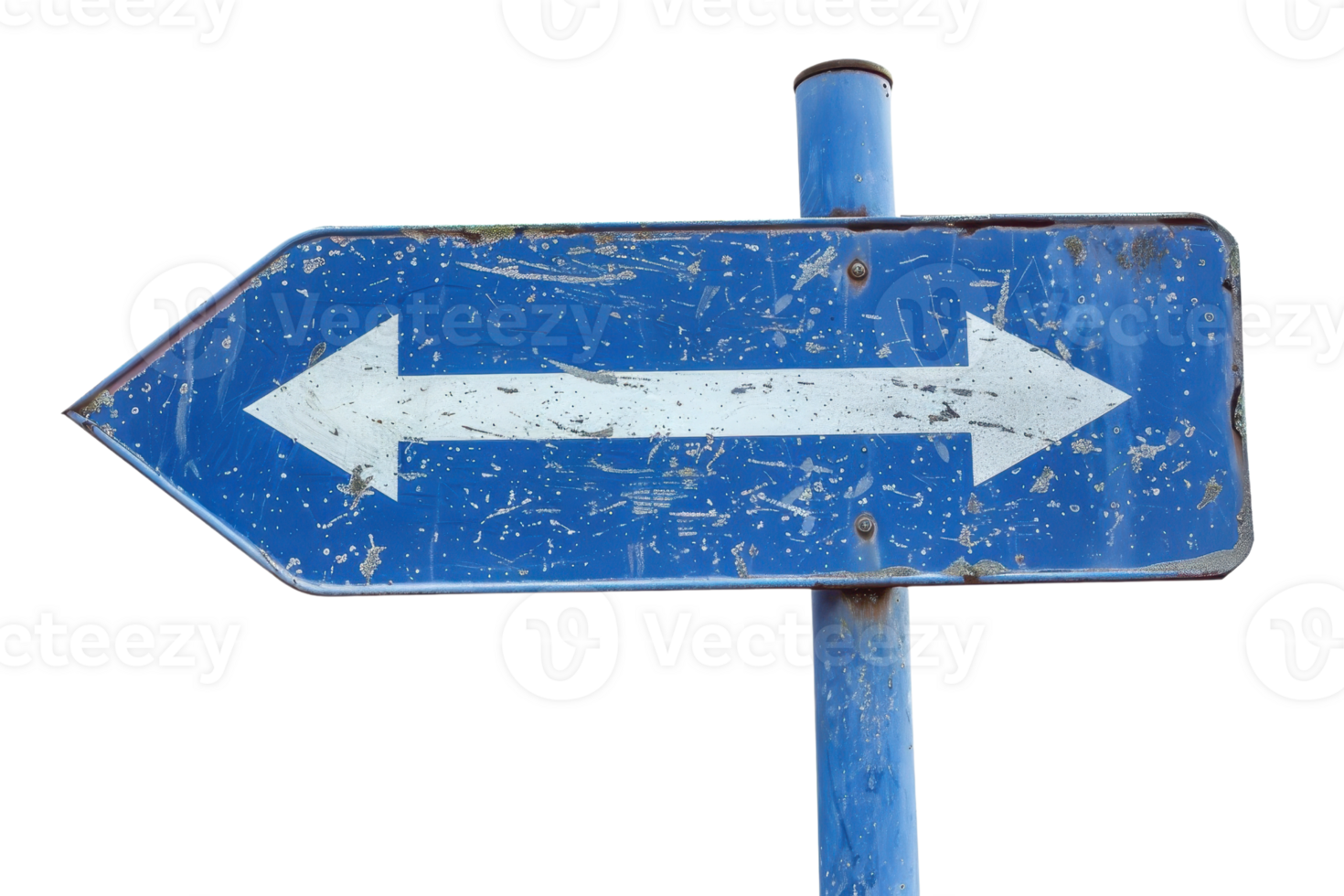 Vintage blue road sign with white arrows pointing left and right, isolated on a transparent background. Weathered and rustic appearance. png