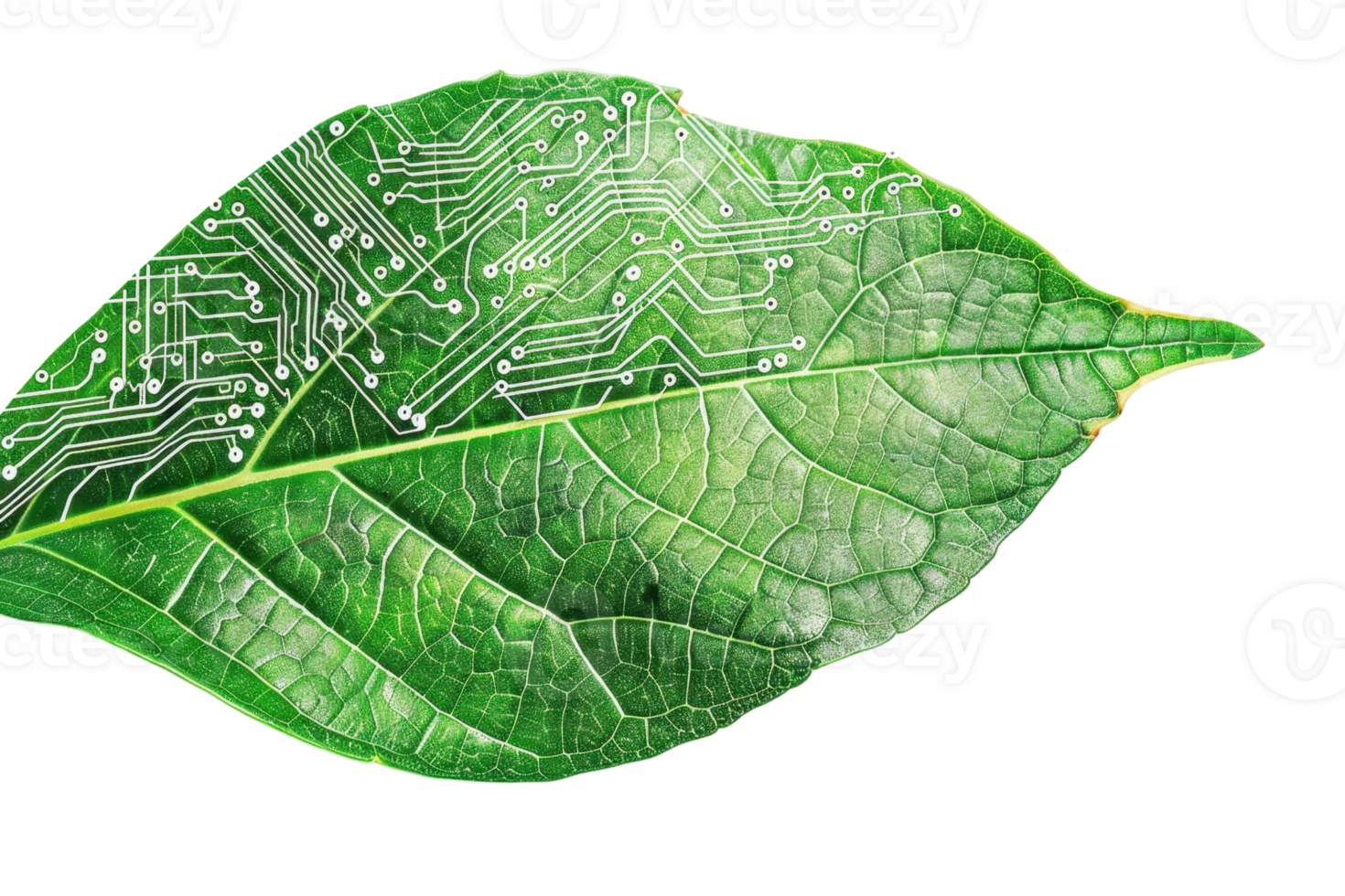 Green leaf with integrated circuit patterns, symbolizing the fusion of technology and nature, representing innovation in eco-technology. png