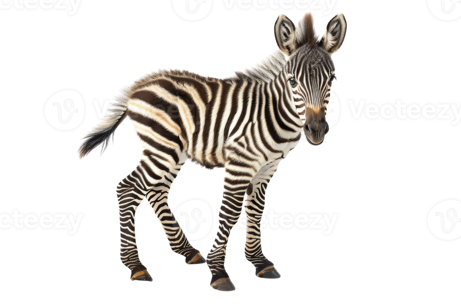 Young zebra with distinct black and white stripes standing on a transparent background. Perfect for wildlife and nature-themed projects. png