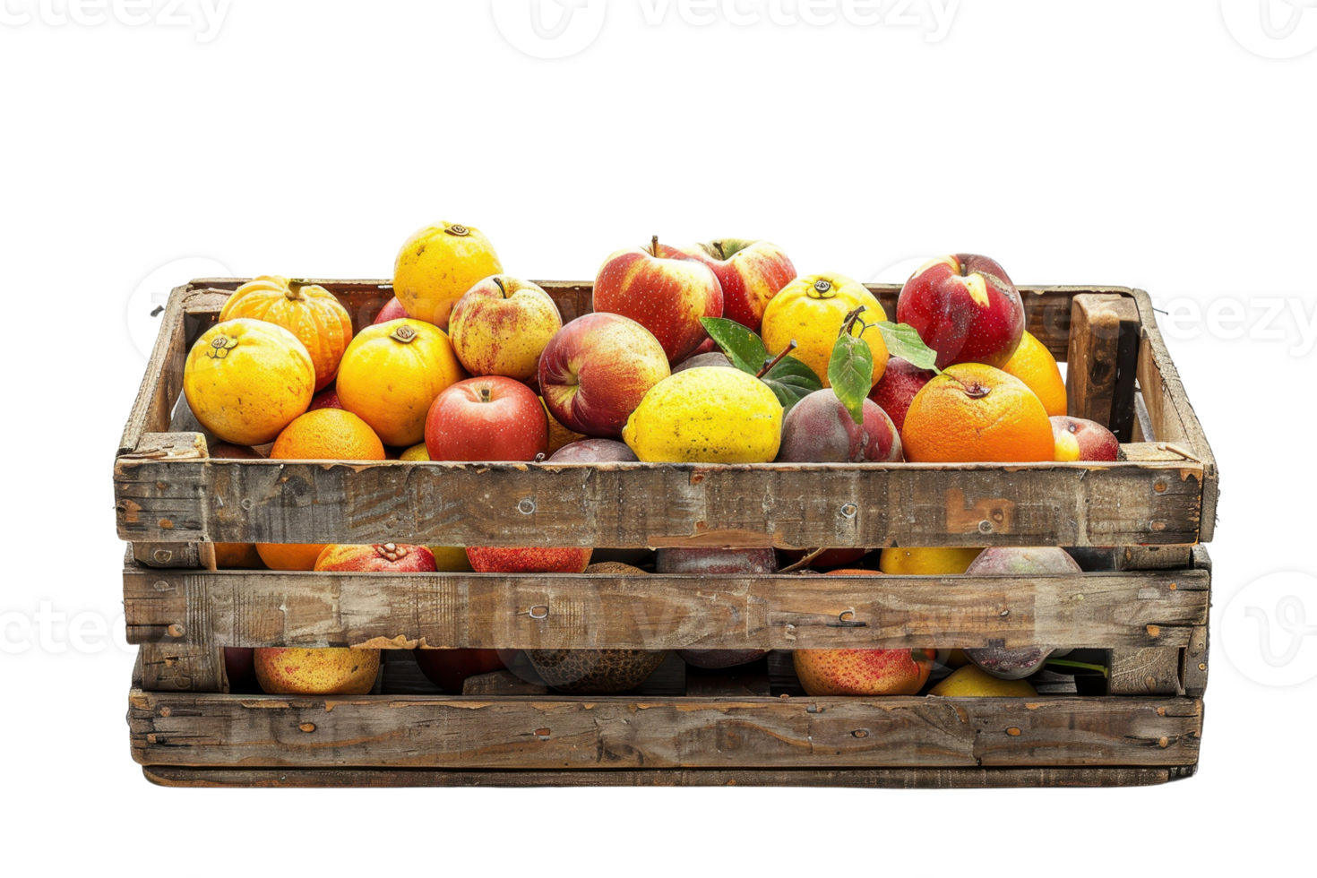 A rustic wooden crate filled with a variety of fresh fruits, including apples, oranges, and lemons, isolated on a transparent background. png