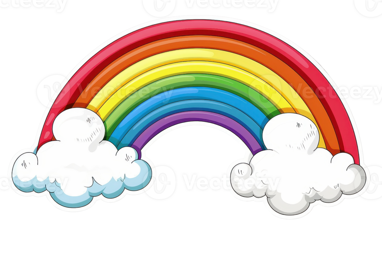Bright, colorful rainbow arc with fluffy white clouds on either end. Vibrant illustration perfect for cheerful and uplifting designs. png
