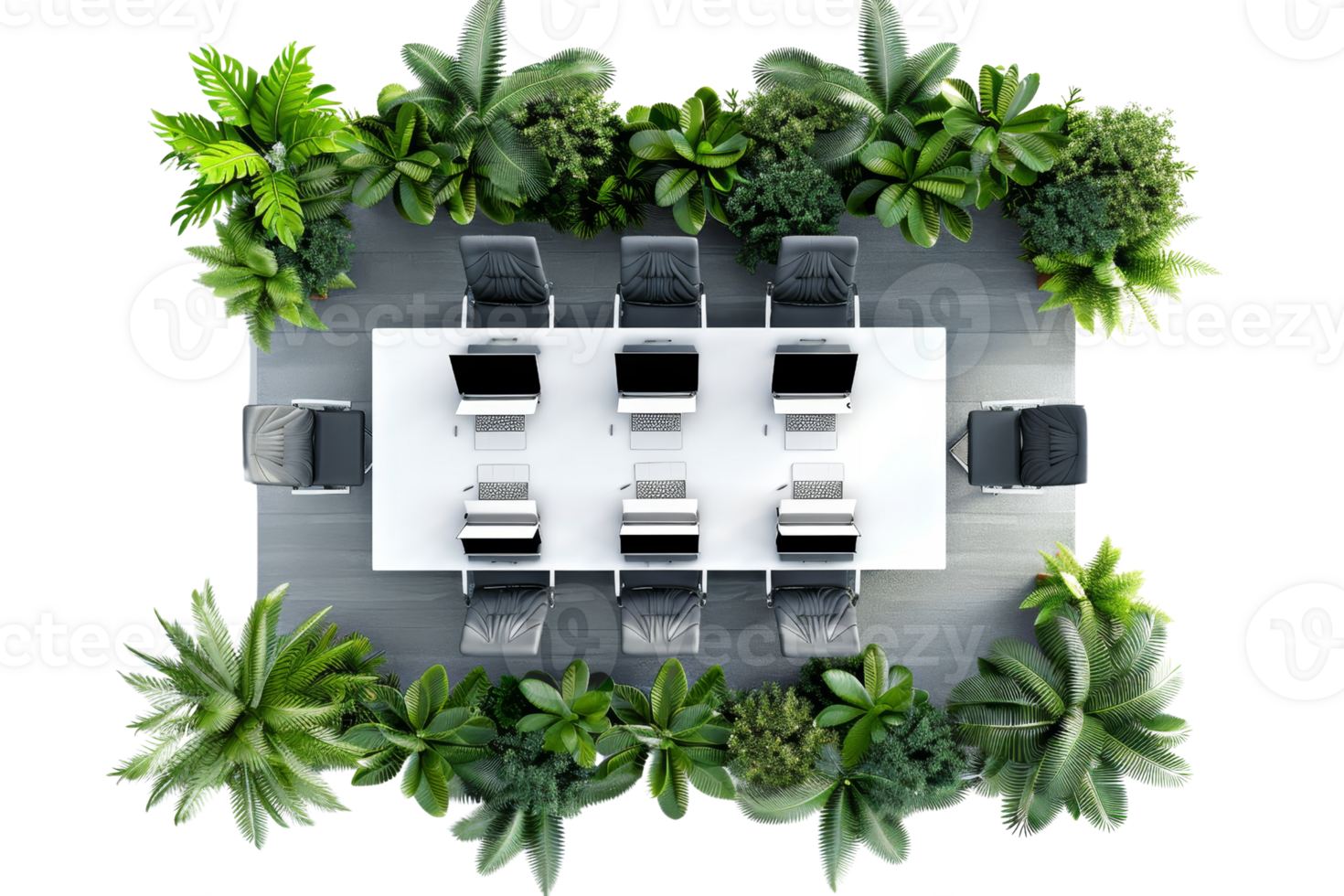Top view of modern office conference table surrounded by green plants, blending nature and work environment harmoniously. png