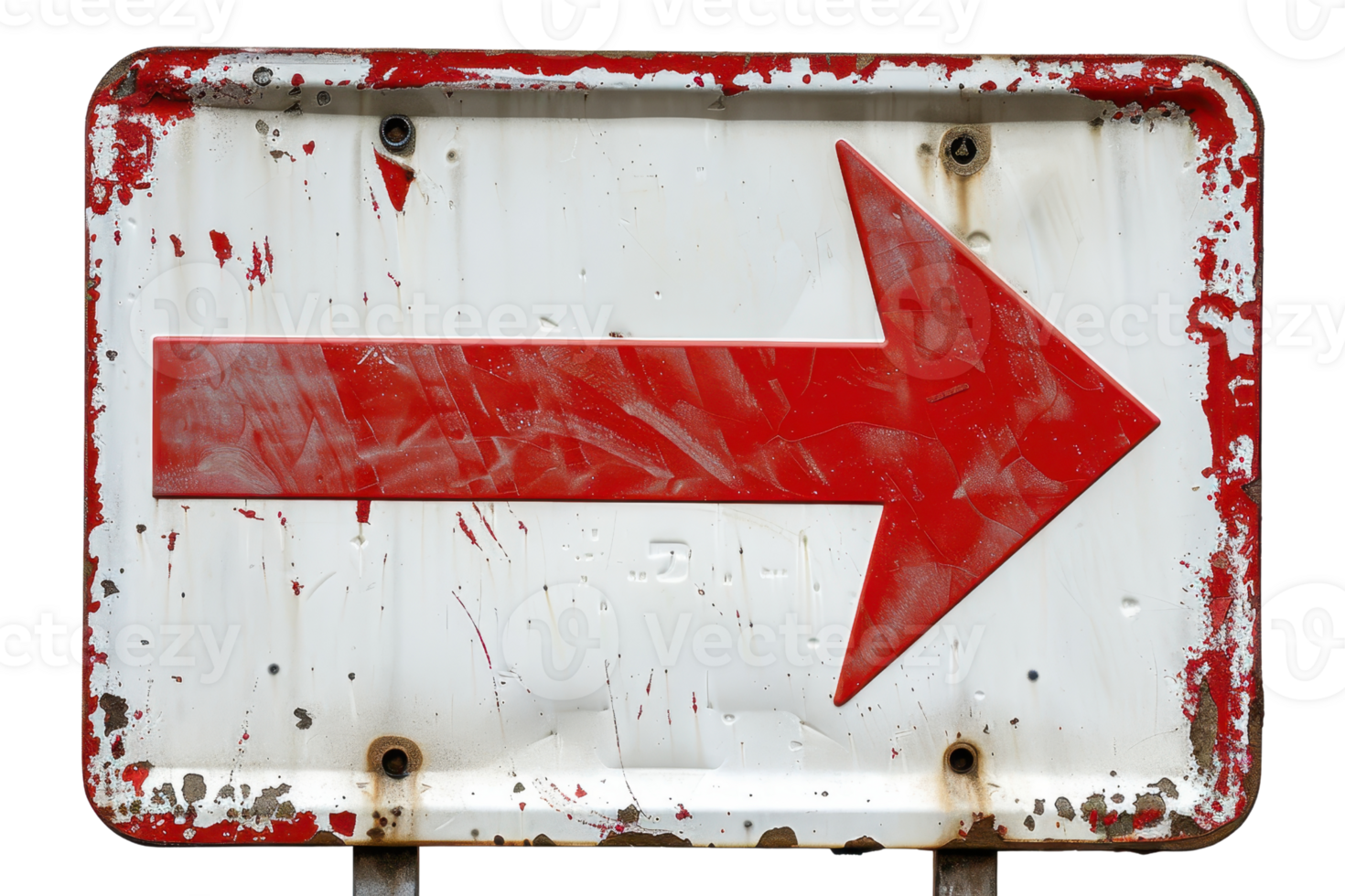 A weathered, white metal sign with a large red arrow pointing to the right. The sign shows signs of age with rust and chipped paint. png