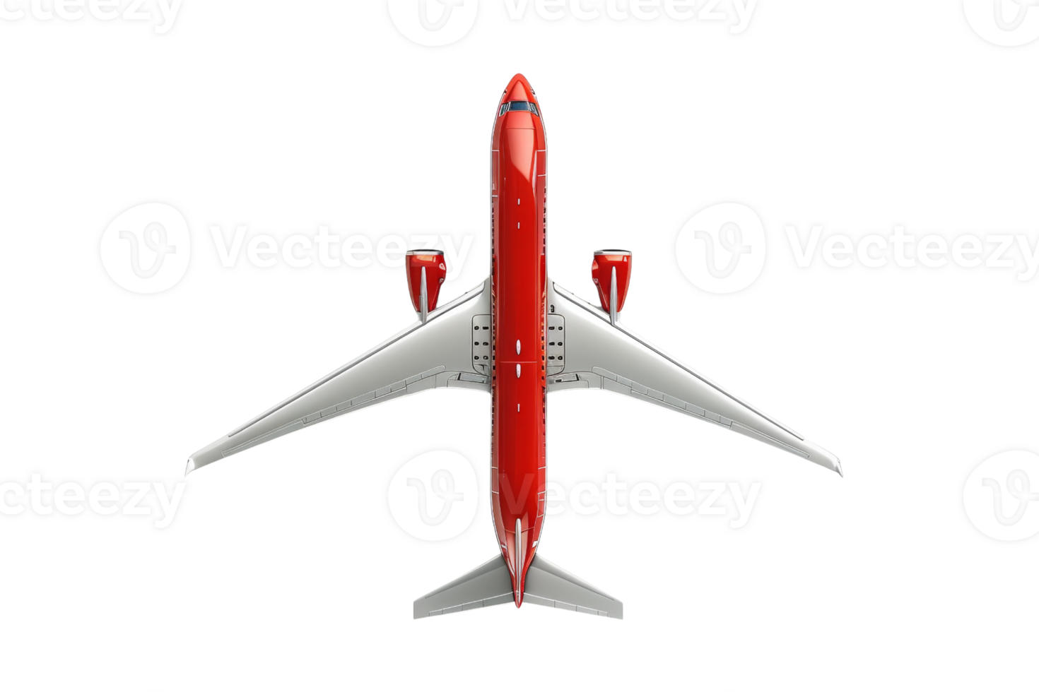 Aerial view of a red and white airplane isolated on a transparent background. showcasing the symmetry and design of the modern aircraft. png