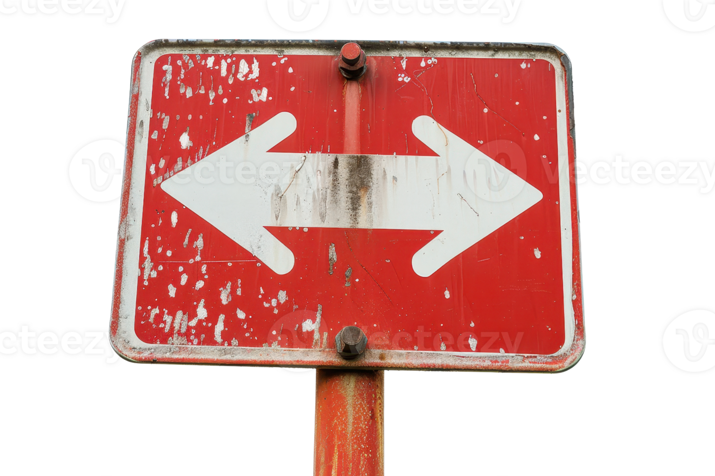 Weathered red roadside sign with dual arrows pointing left and right, symbolizing choice, decision, and directionality. png