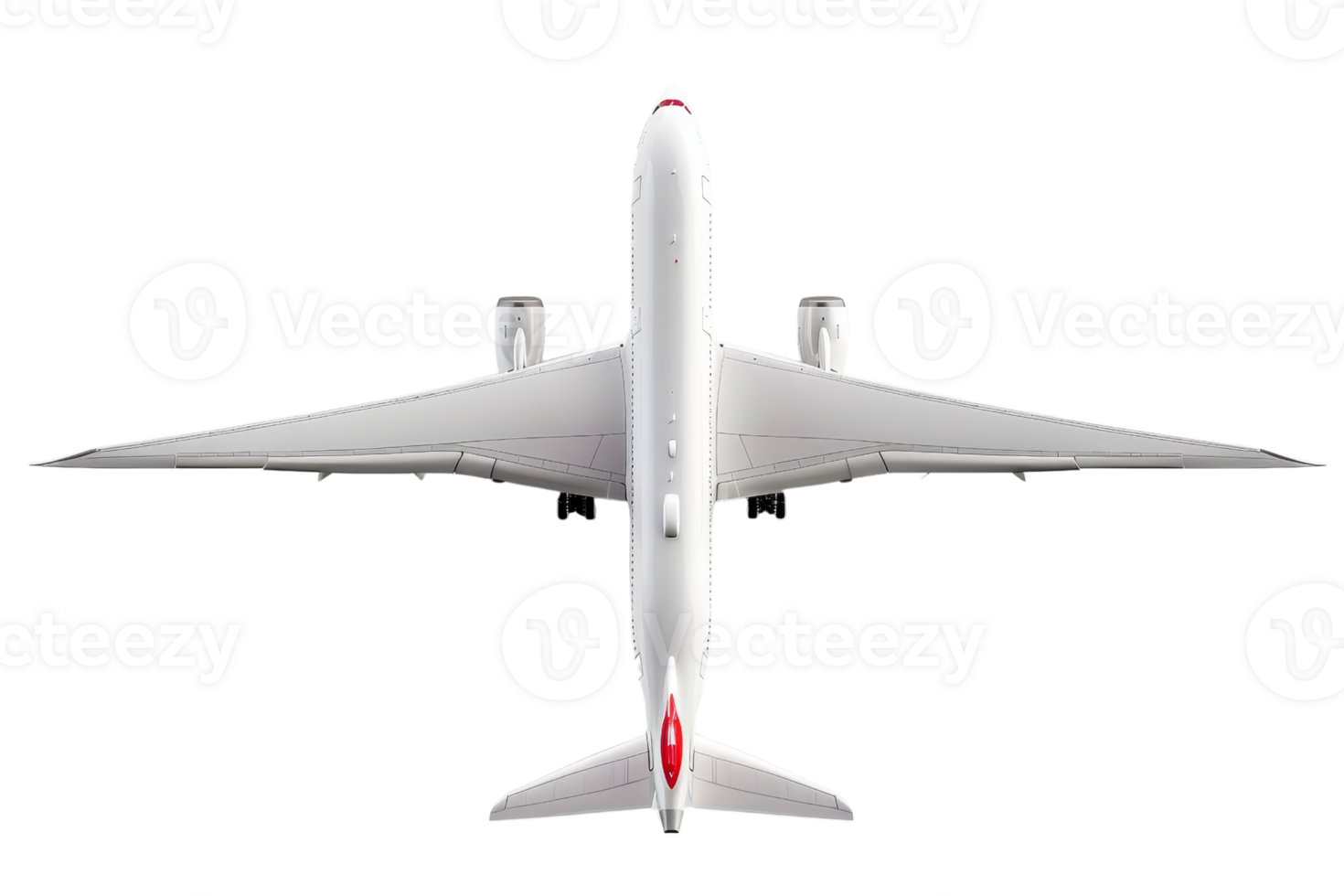 High-angle view of a commercial airplane in flight, isolated on transparent background. showing wings, engines, and fuselage details. png