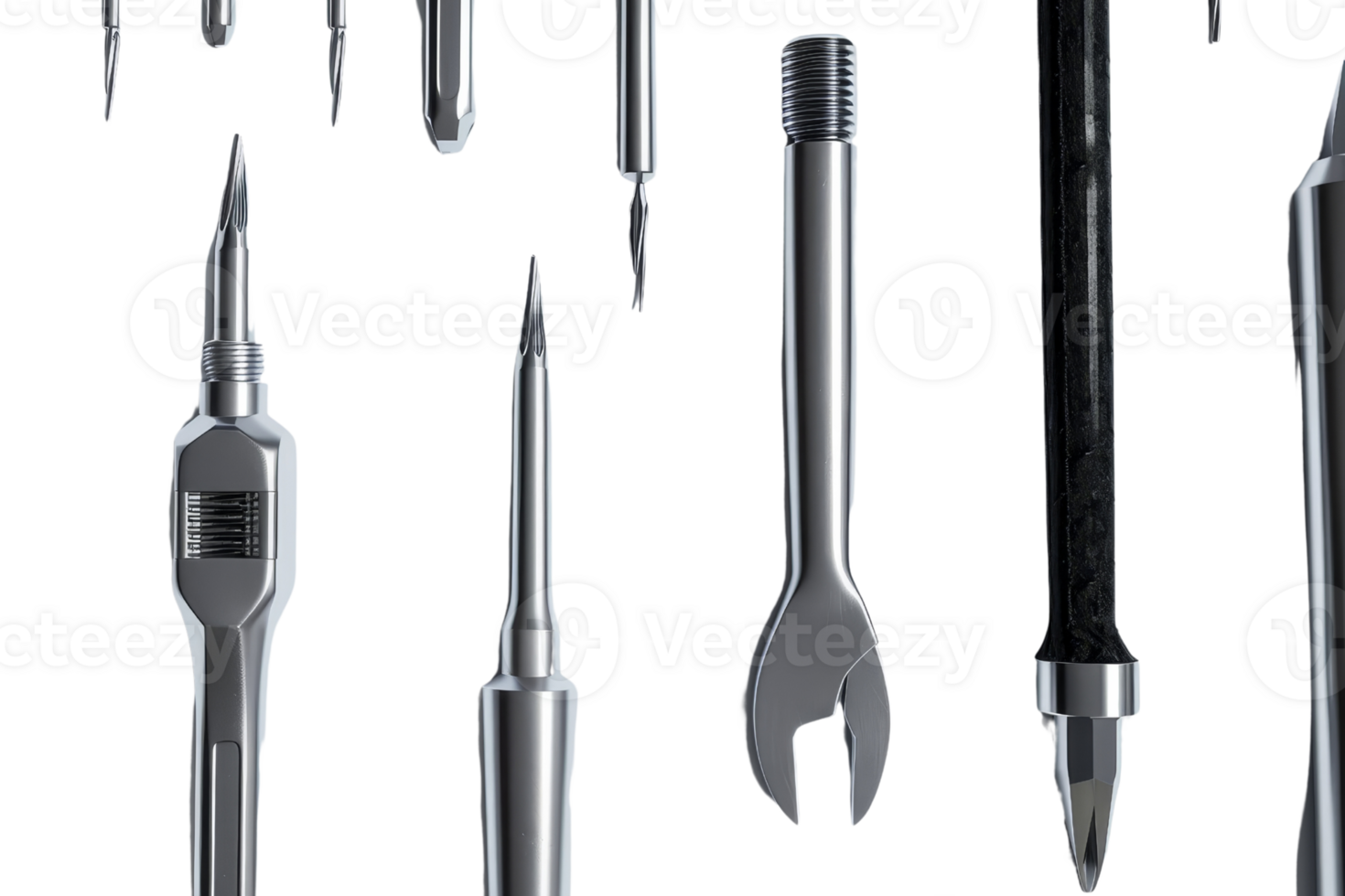 Close-up of various precision tools, including screwdrivers, wrenches, and other mechanical instruments, isolated on transparent background. png