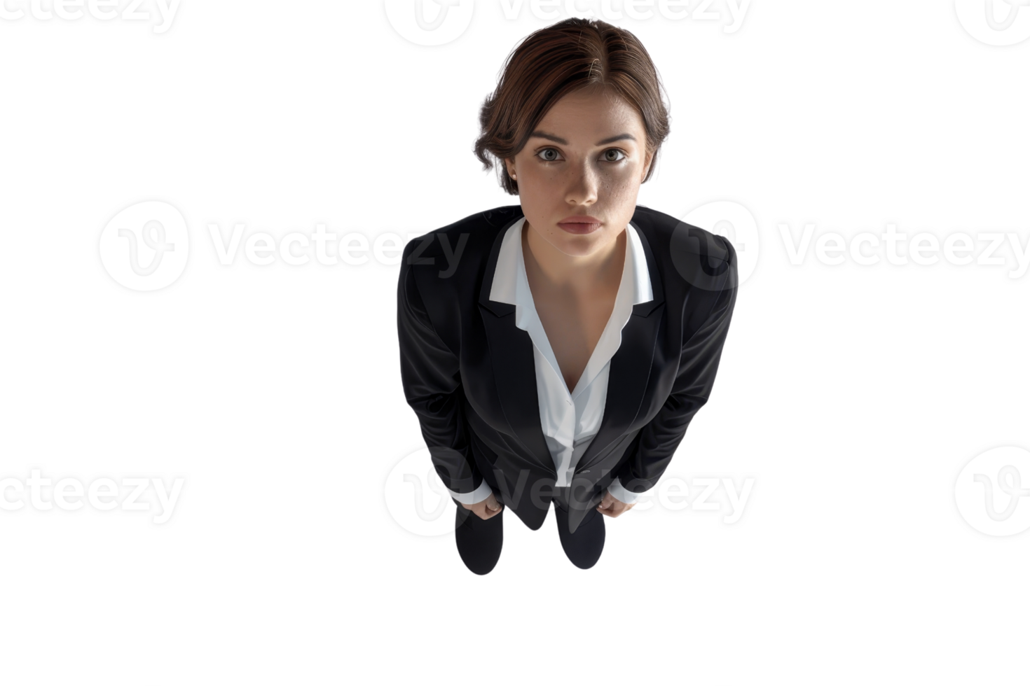 Young businesswoman in a black suit looking up confidently. Professional attire and confident expression. Isolated on transparent background. png