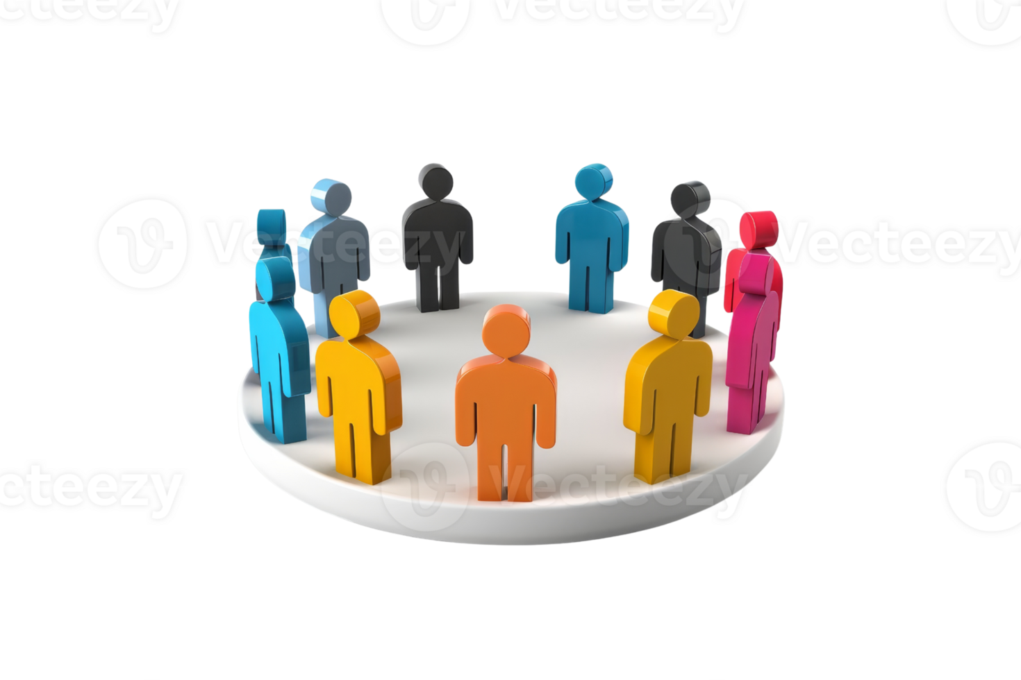 Colorful figures standing in a circle on a white platform, symbolizing teamwork, diversity, and unity in a 3D illustration. png
