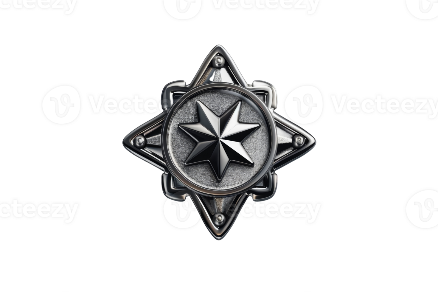 High-resolution image of a metallic star-shaped badge or emblem on a transparent background. perfect for design or branding purposes. png