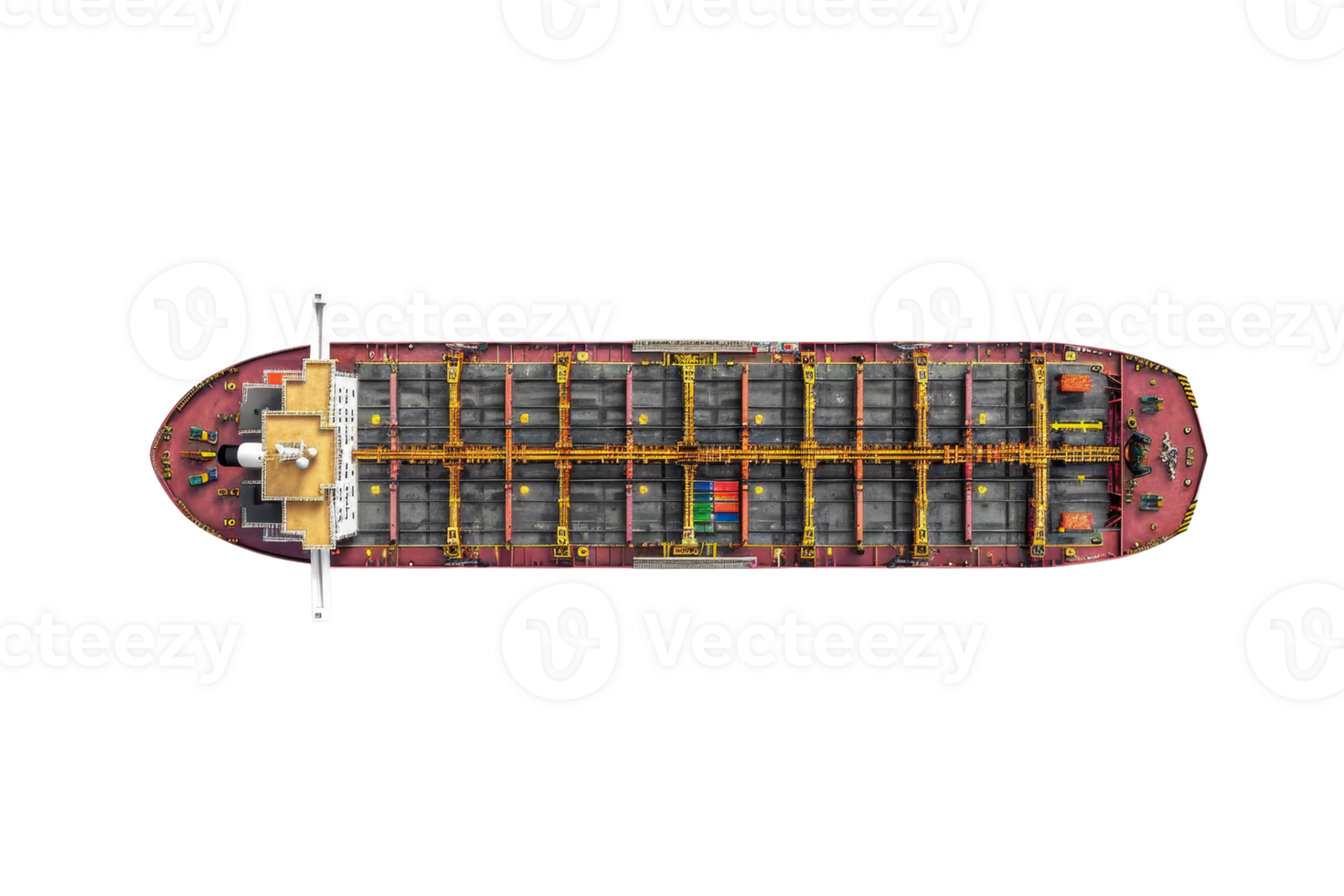 Top view of a large commercial cargo ship loaded with shipping containers, showing intricate details and vibrant colors at sea. png