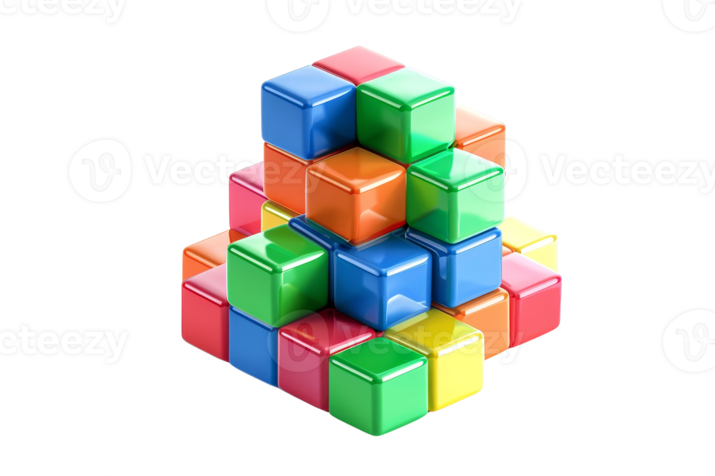 Colorful 3D arrangement of interlocking plastic cube blocks. Perfect for themes of education, creativity, and child development. png