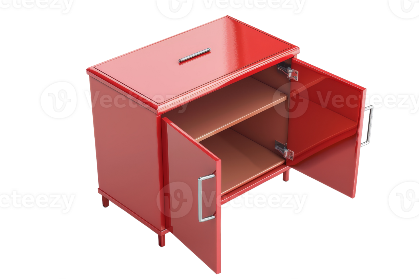 Red metal cabinet with open doors and shelf, isolated on transparent background. Ideal for storage, home organization, or industrial use. png