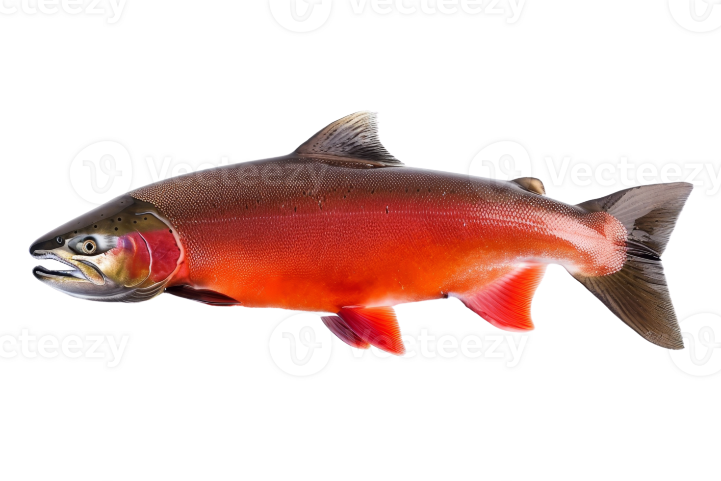 High-resolution image of a vibrant salmon fish isolated on a transparent background. showcasing its rich coloration and detailed features. png