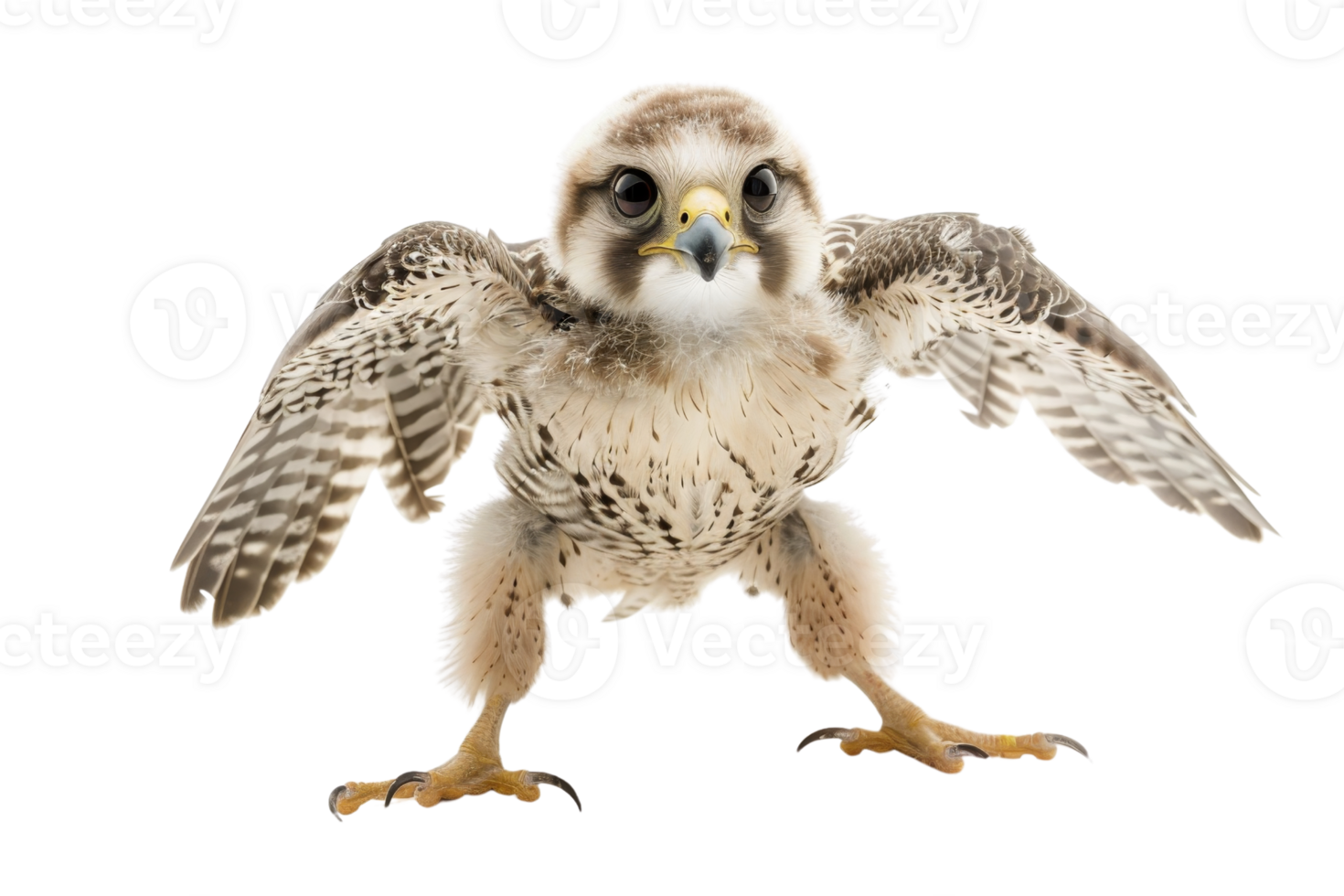 High-resolution image of a young falcon spreading its wings, isolated on transparent background. png