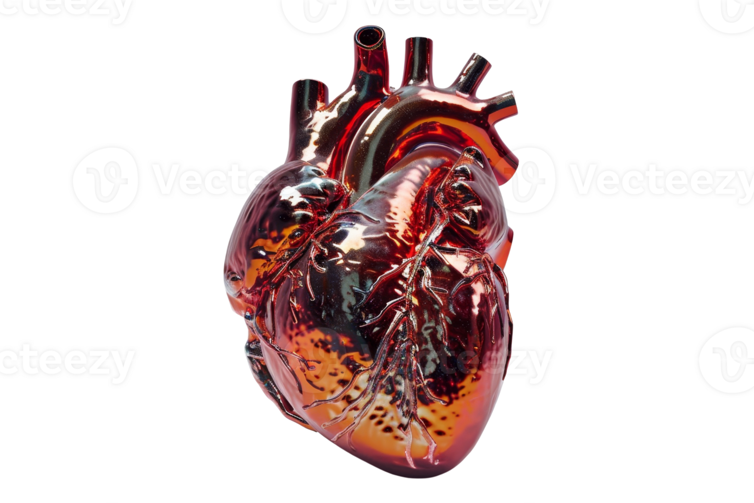 Realistic 3D rendering of a human heart with detailed anatomy, showcasing veins and arteries on a transparent background. png