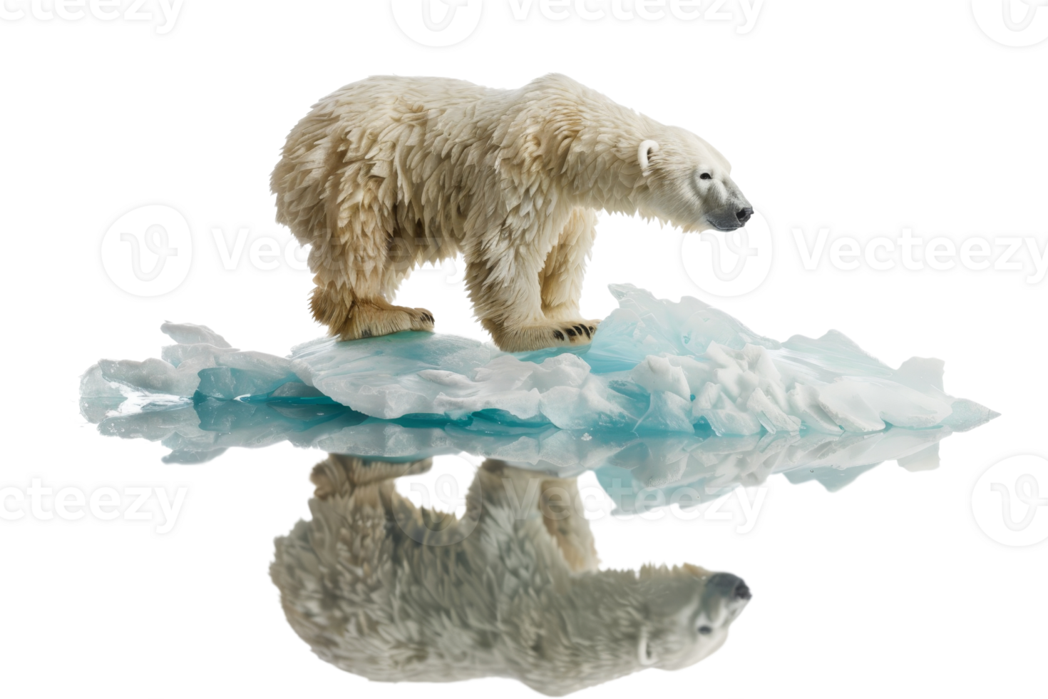 Polar bear standing on an ice floe, reflected in water, symbolizing climate change and arctic wildlife in a pristine environment. png