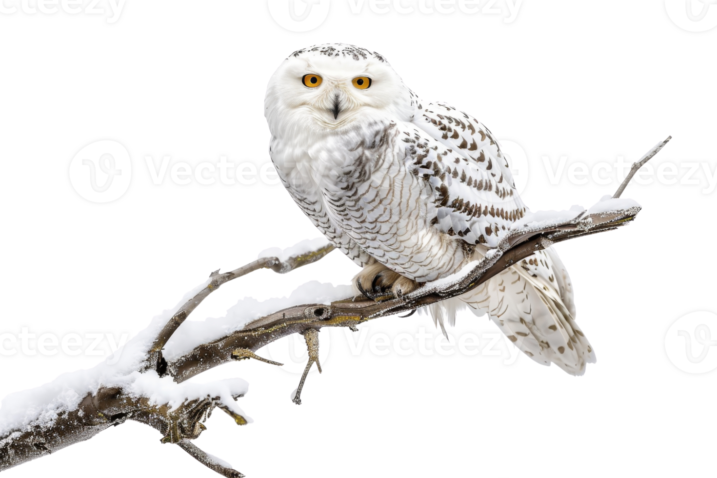 Snowy owl perched on a snow-covered branch, with piercing yellow eyes and detailed feathers, in a winter scene. High-resolution wildlife photo. png