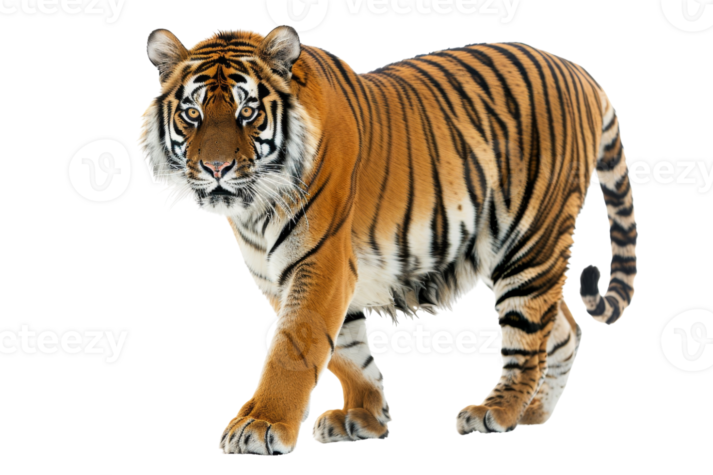 Majestic tiger on a transparent background. showcasing its powerful stance and striking striped fur, embodying strength and grace. png