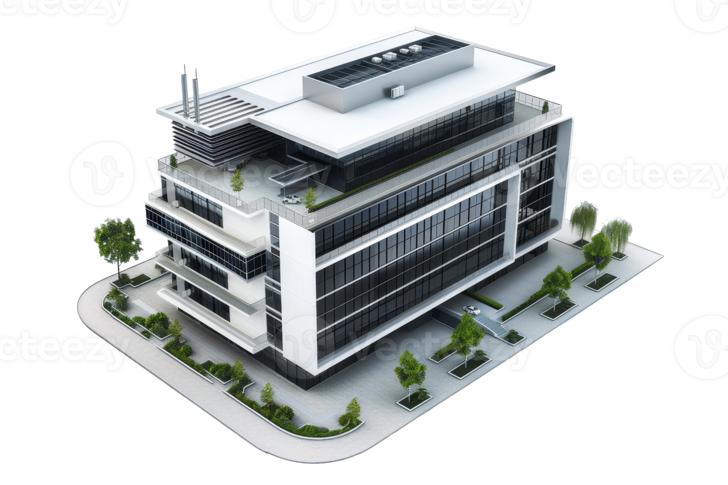 Modern multi-story office building with sleek design, large windows, green surroundings, and rooftop solar panels on transparent background. png