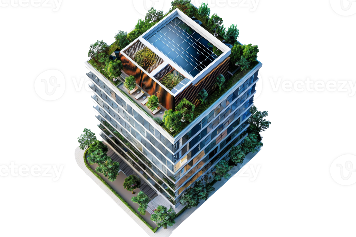 Modern eco-friendly building with rooftop garden and solar panels, showcasing sustainable architecture in an urban environment. png
