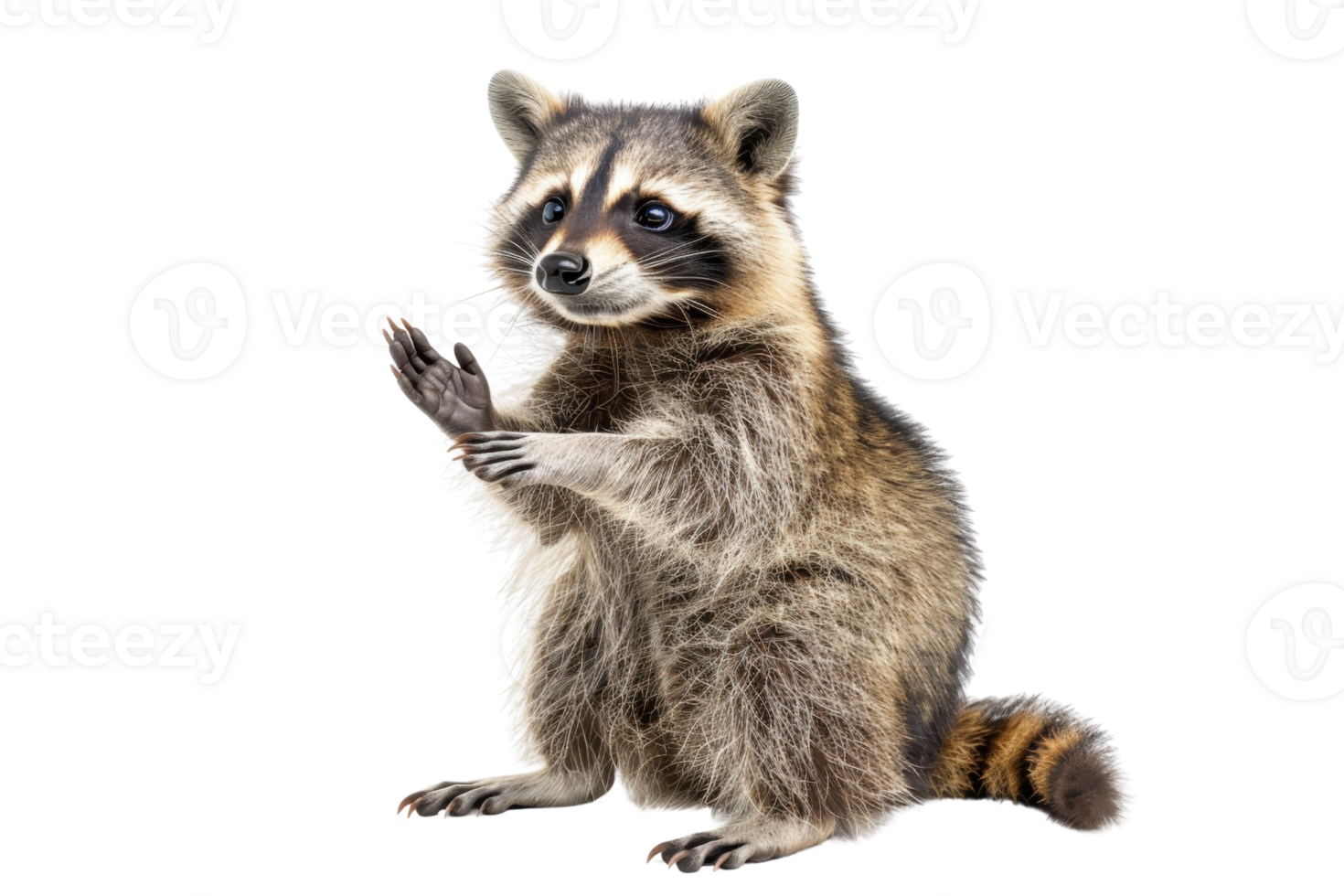 Cute raccoon standing with front paws together, isolated on transparent background. Perfect for wildlife, nature, and animal-themed projects. png