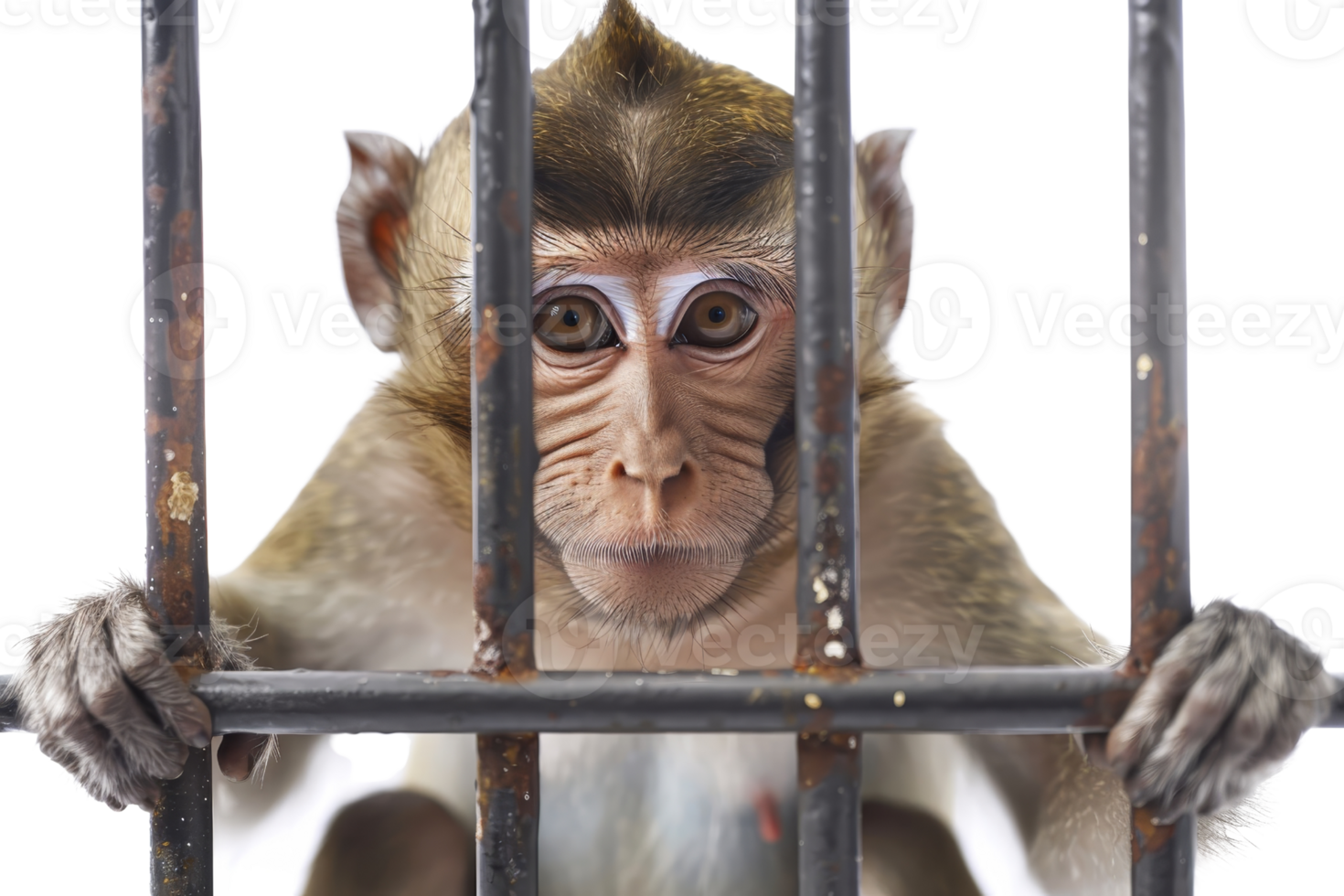 Monkey behind bars looking through the cage, portraying captivity, sadness, and confinement in a zoo or wildlife setting. png