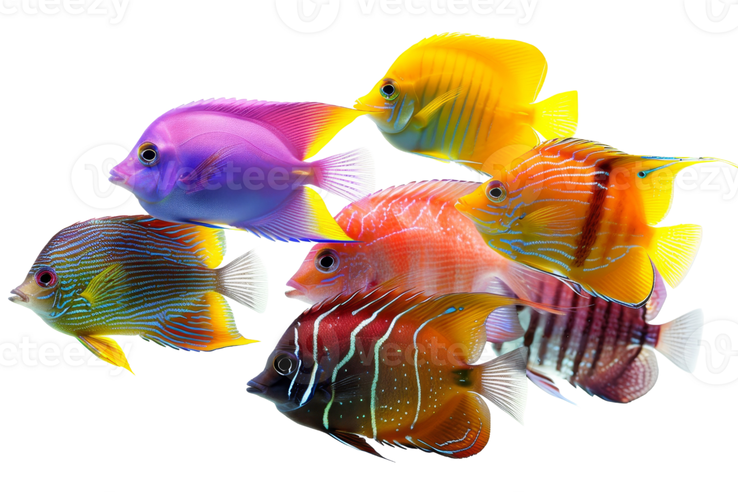Vibrant tropical fish swimming in colorful harmony, showcasing a stunning display of nature's aquatic beauty in a serene underwater setting. png