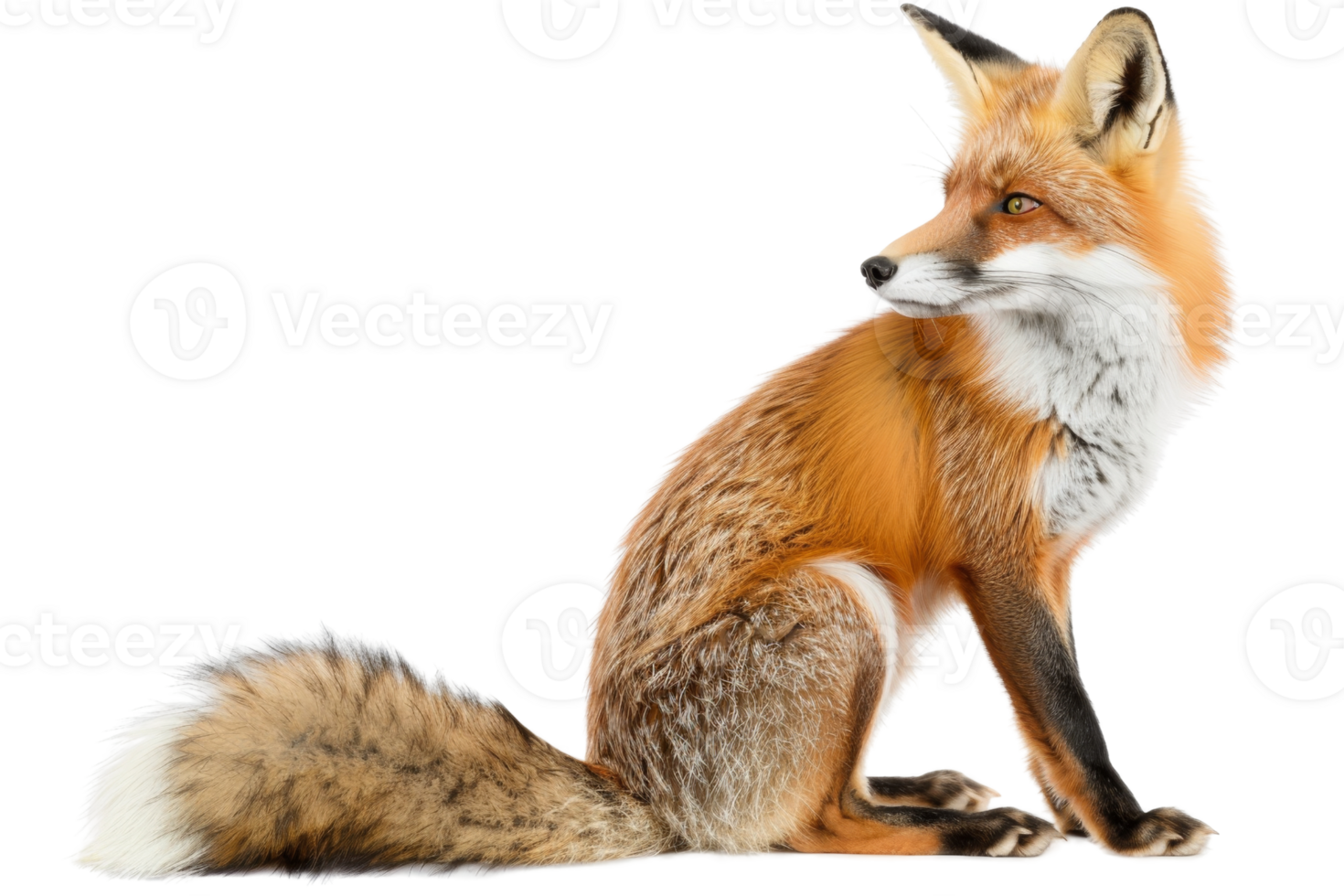 A beautiful red fox sitting and looking to the side, showcasing its thick, fluffy tail and vibrant fur against a transparent background. png