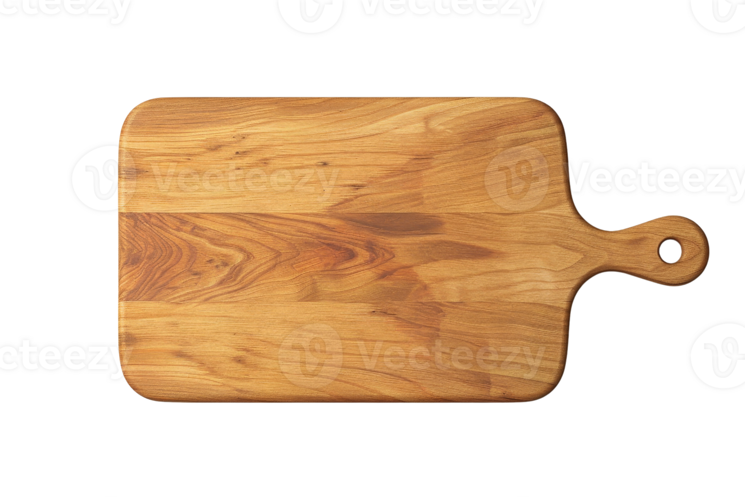 Top view of a wooden cutting board with a handle, ideal for kitchen use or serving food. Smooth texture and natural wood grain design. png