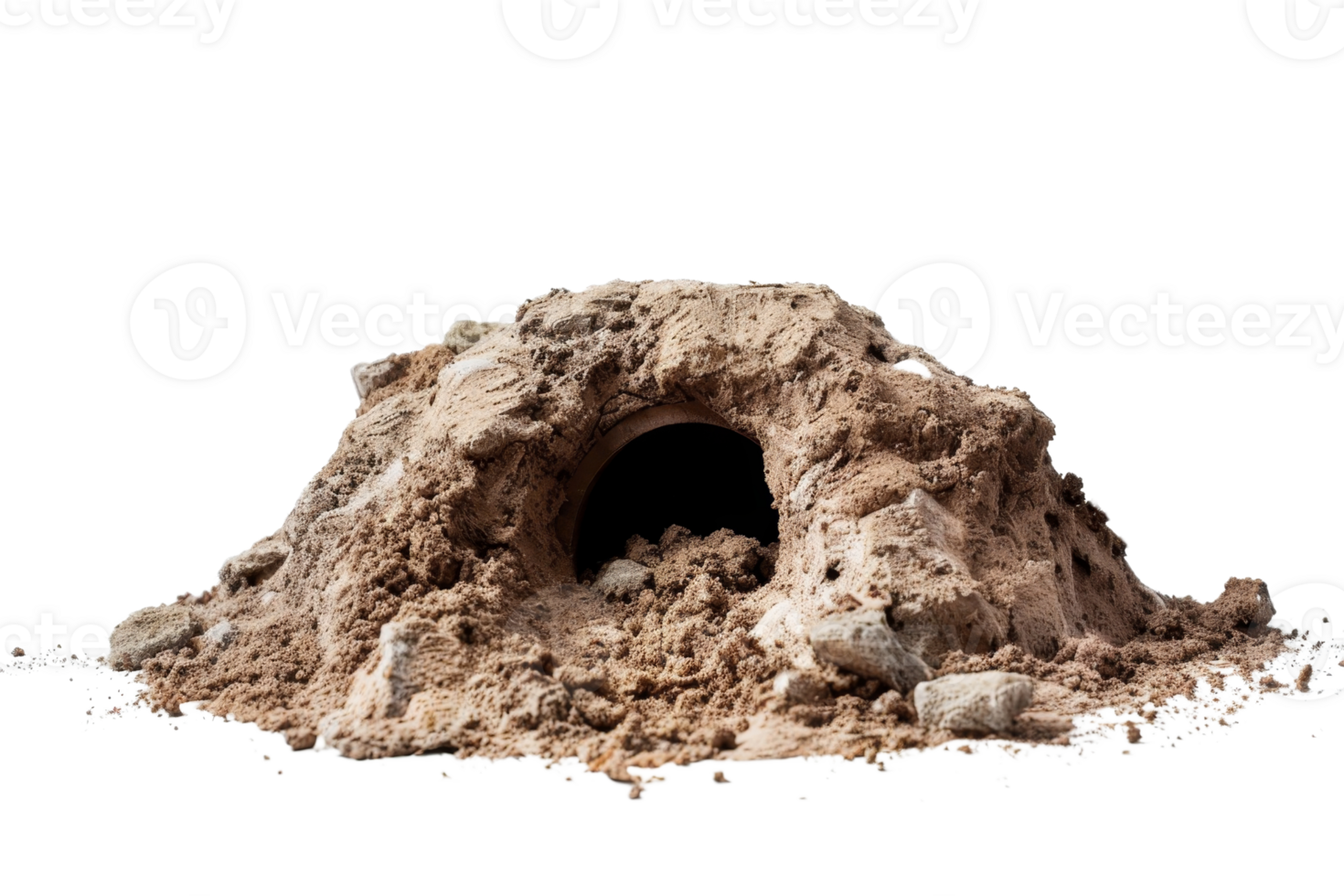 A detailed close-up stock photo of an animal burrow in the soil, showcasing the entrance and natural surroundings with genuine earthy textures. png