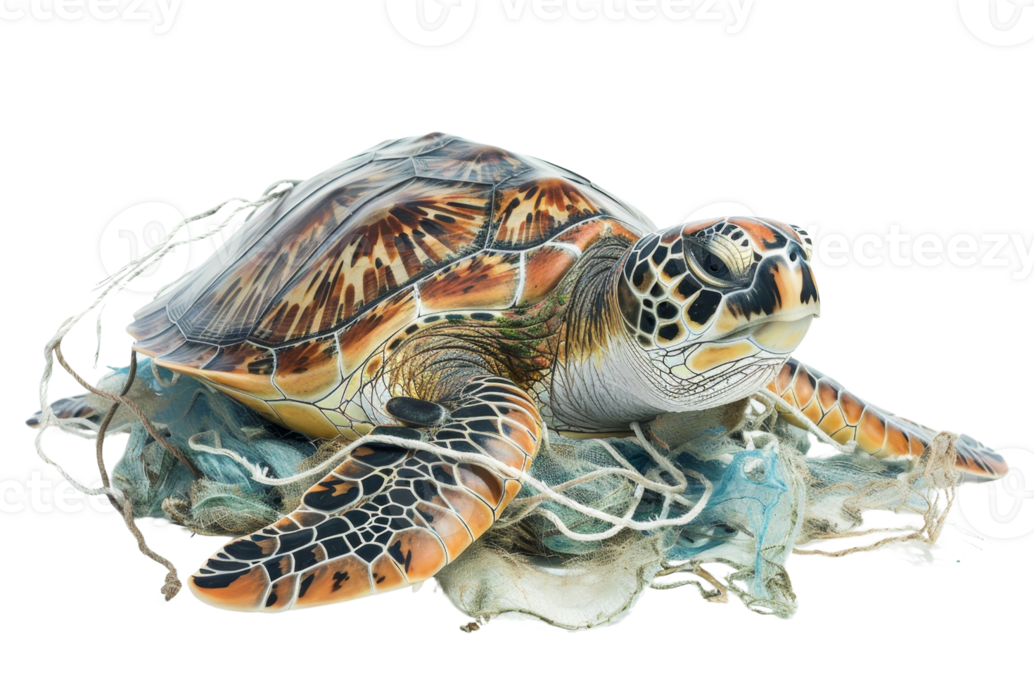 A sea turtle tangled in ocean debris, showcasing the effects of marine pollution on wildlife. png
