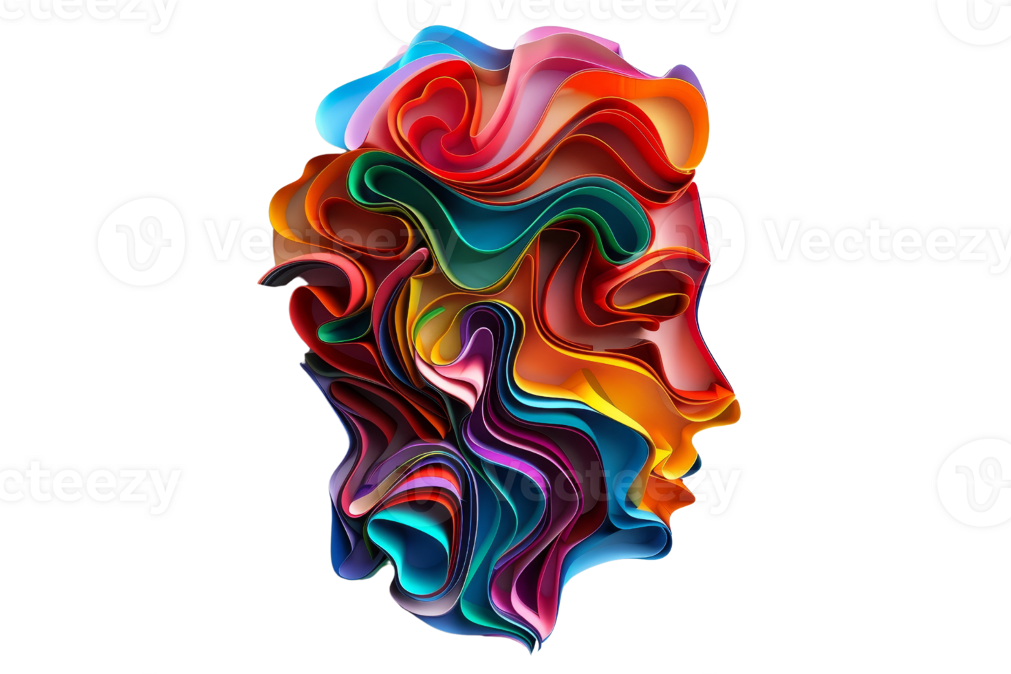 Abstract colorful face illustration created with swirling, vibrant patterns and shapes, showcasing human form in a unique artistic style. png