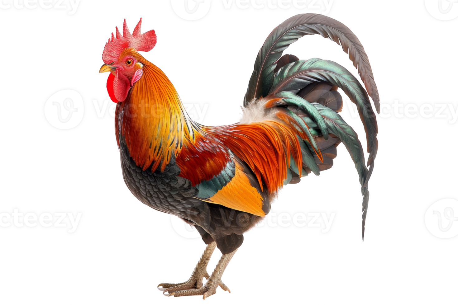 Close-up of a colorful rooster with vibrant feathers, isolated on transparent background. showcasing its impressive plumage and regal stance. png