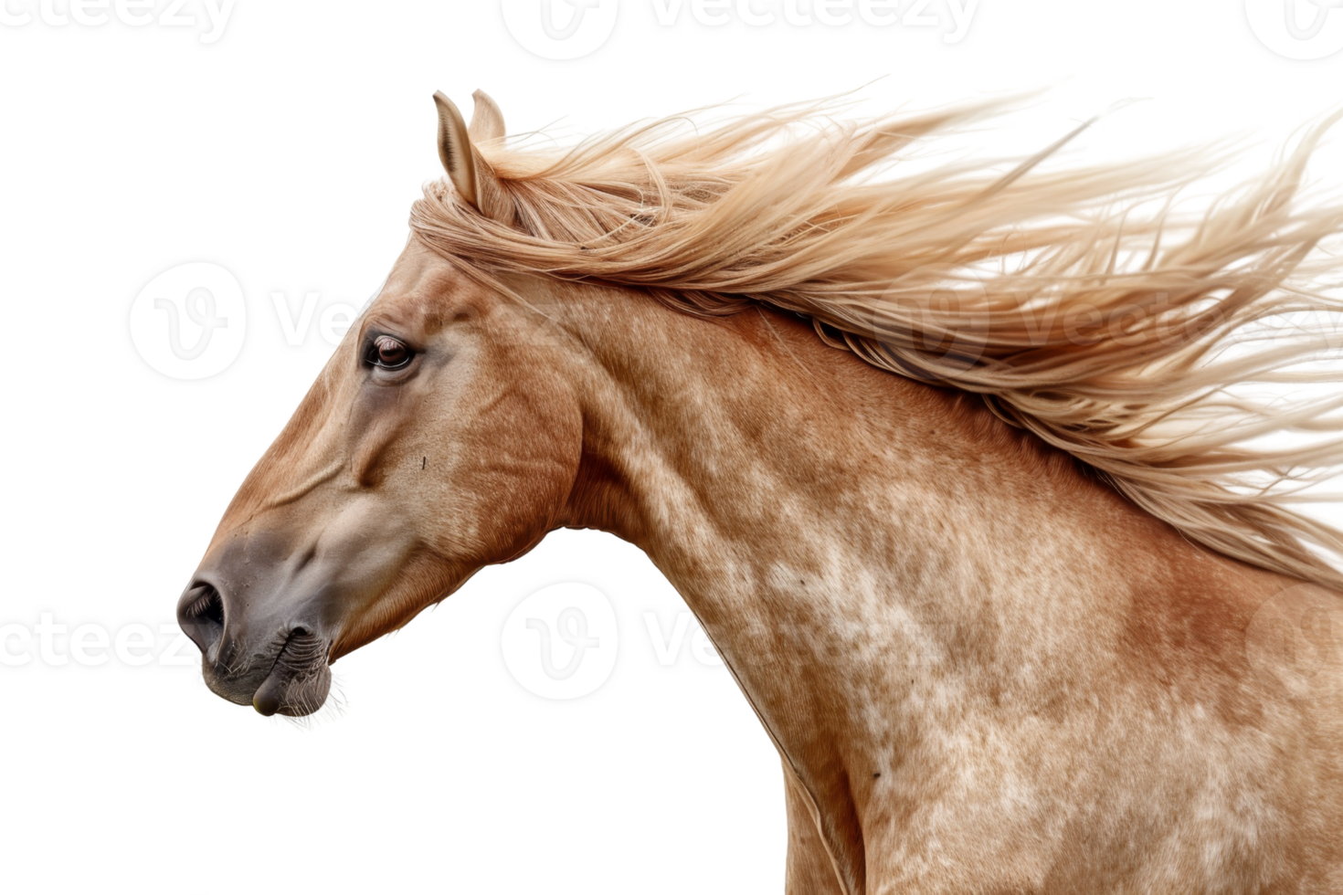 Close-up of a beautiful brown horse with flowing mane isolated on transparent background. Perfect for equestrian themes and animal-related projects. png