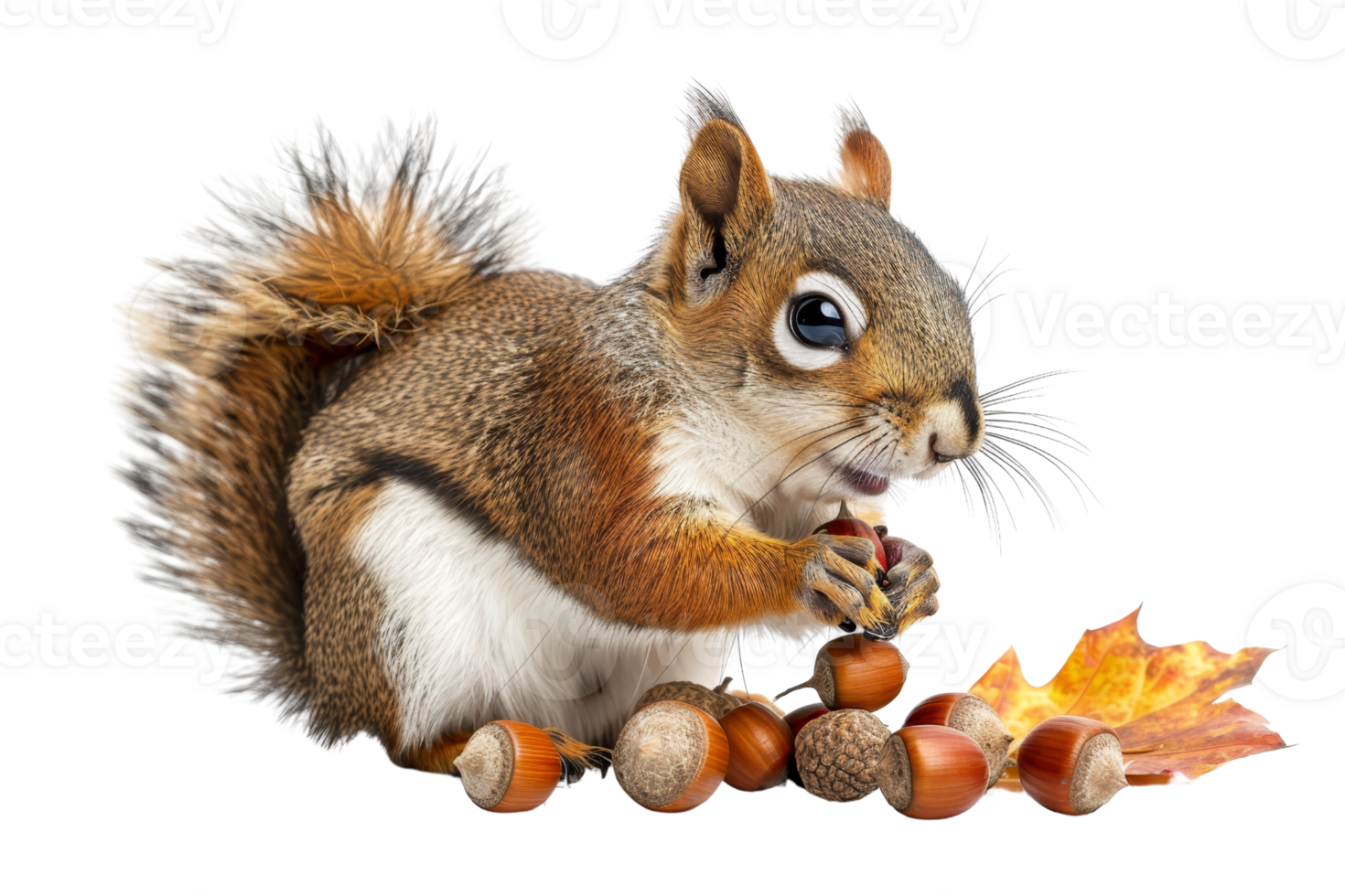 Close-up of a cute squirrel holding a nut with autumn leaves, isolated on a transparent background. png