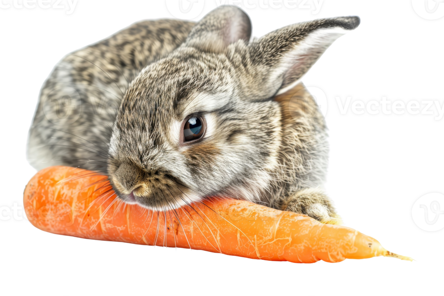 Adorable gray rabbit resting with a large carrot, showcasing a cute and playful scene perfect for children's content and animal illustrations. png