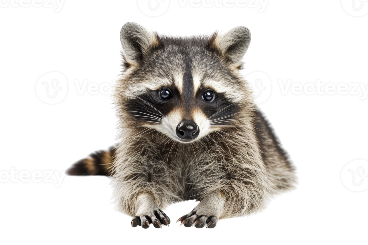 Adorable raccoon sitting and looking at the camera with its black and grey fur, isolated on a transparent background. png