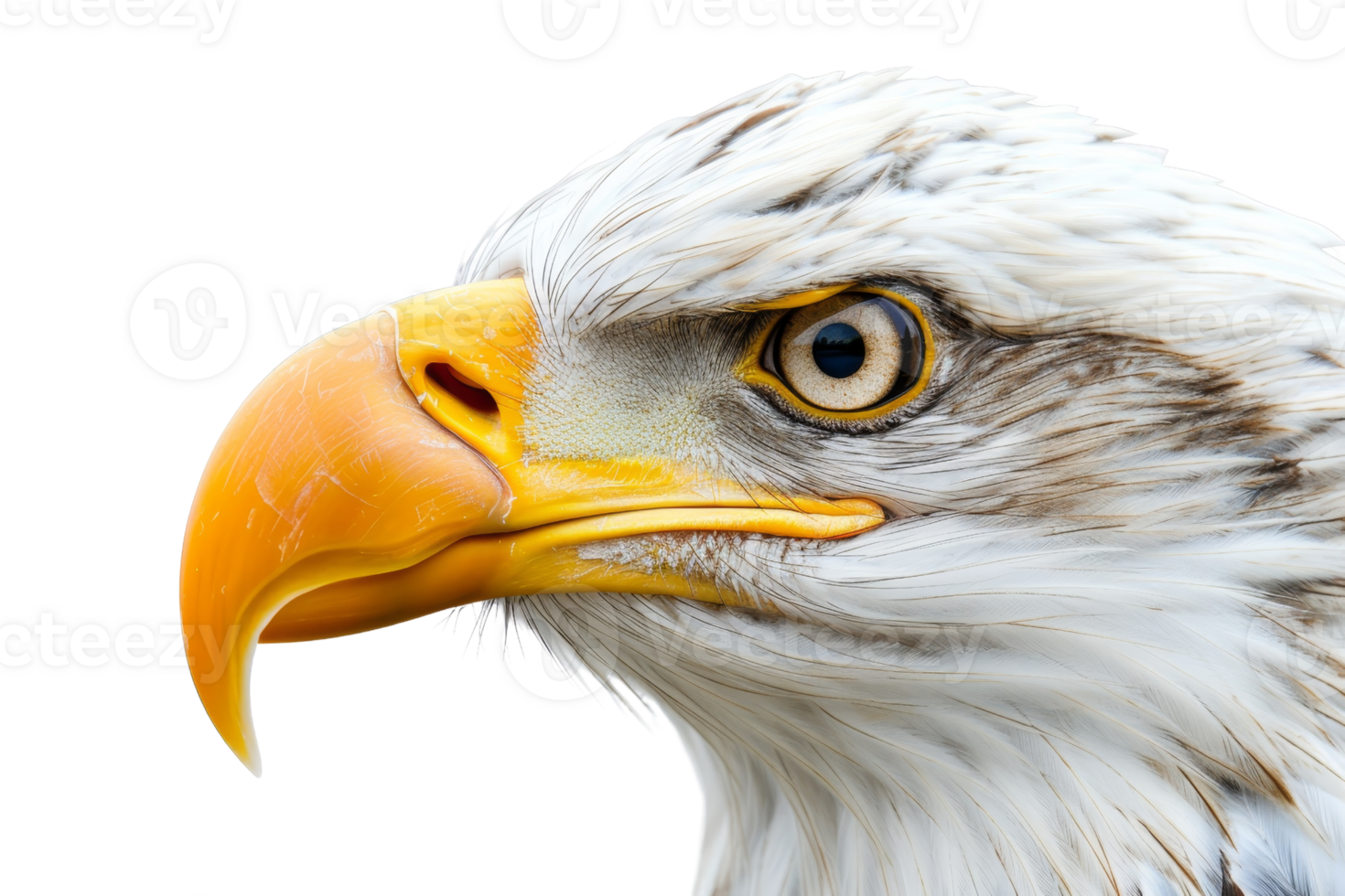 Close-up of majestic bald eagle's head with sharp beak and piercing eyes, showcasing detailed feathers and powerful gaze against a transparent background. png