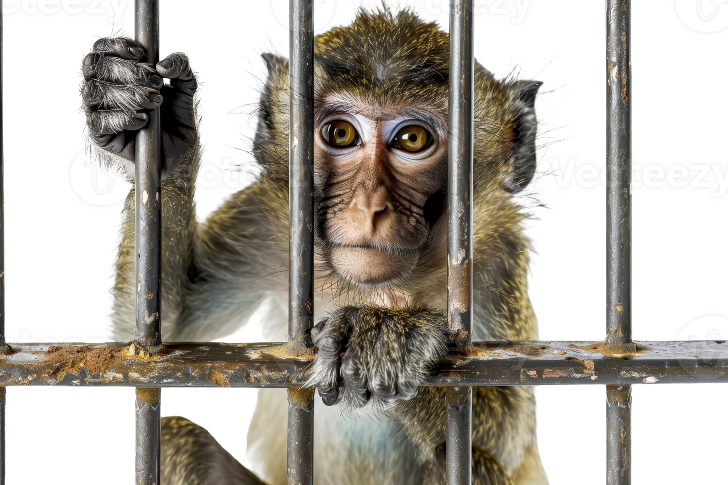 Close-up of a monkey peering through cage bars with a curious expression. The image captures the emotions of the animal in a confined space. png