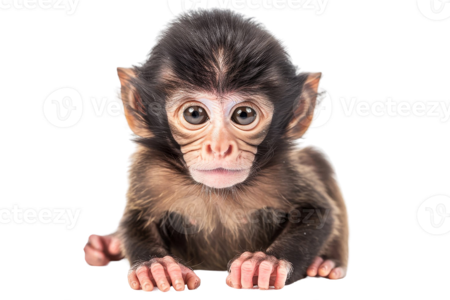 Close-up of an adorable baby monkey with big, curious eyes, sitting isolated on a transparent background. png