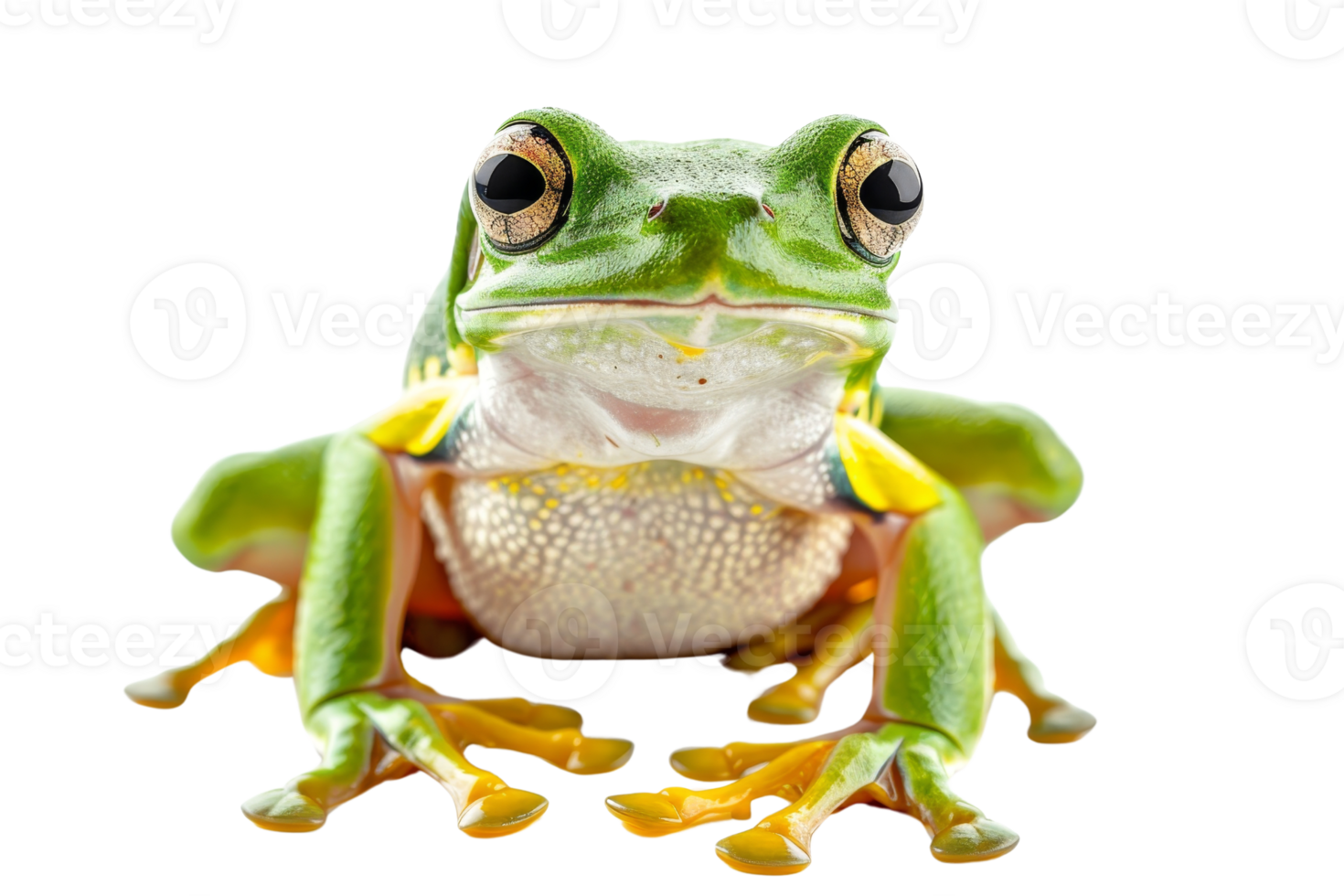 Close-up of a vibrant green frog with a white belly and colorful legs, isolated on a transparent background. showcasing detailed texture and features. png