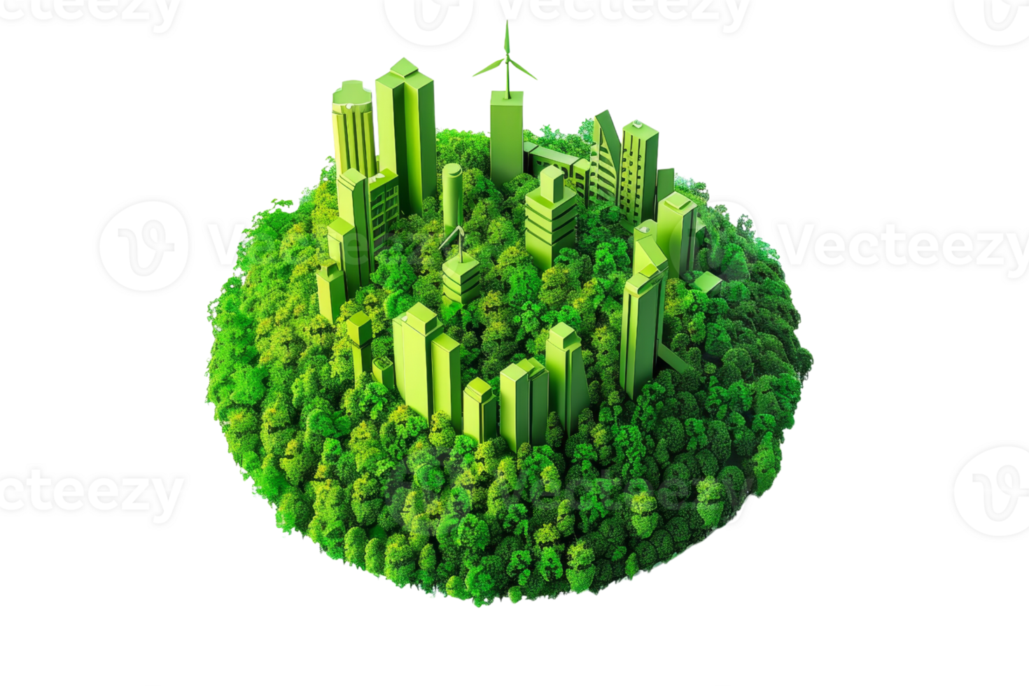 Eco-friendly city concept with modern green buildings surrounded by abundant forests, emphasizing sustainable urban development. png