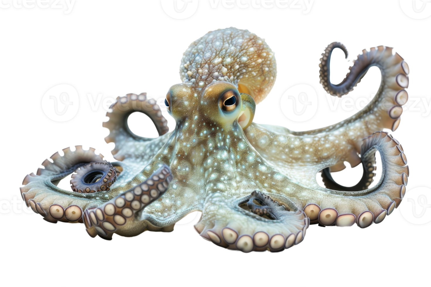 Close-up of an octopus with intricate details and vibrant colors, showcasing its tentacles and unique skin texture on a transparent background. png