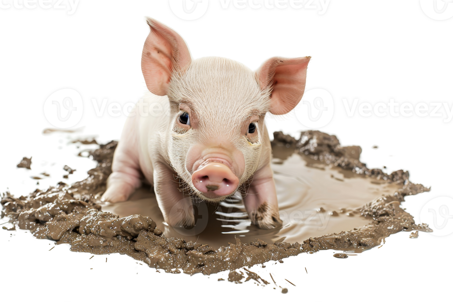 Cute piglet standing in muddy puddle looking forward. Adorable young pink pig covered in mud isolated on transparent background. png